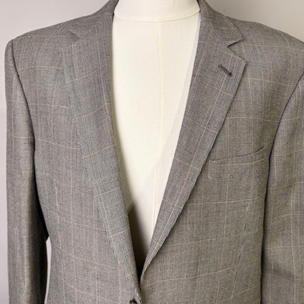 Jos A Bank Mens Plaid Silk Wool Blend Suit Jacket Blazer 42 LG Gray Tan